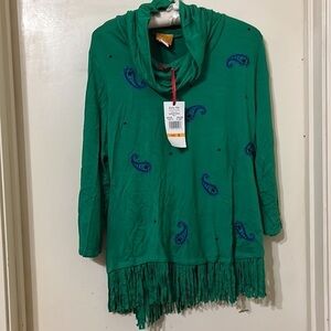 NWT  Silky French Terry Fringe Pull-Over with Paisley Beading, Kelly Green, Sm